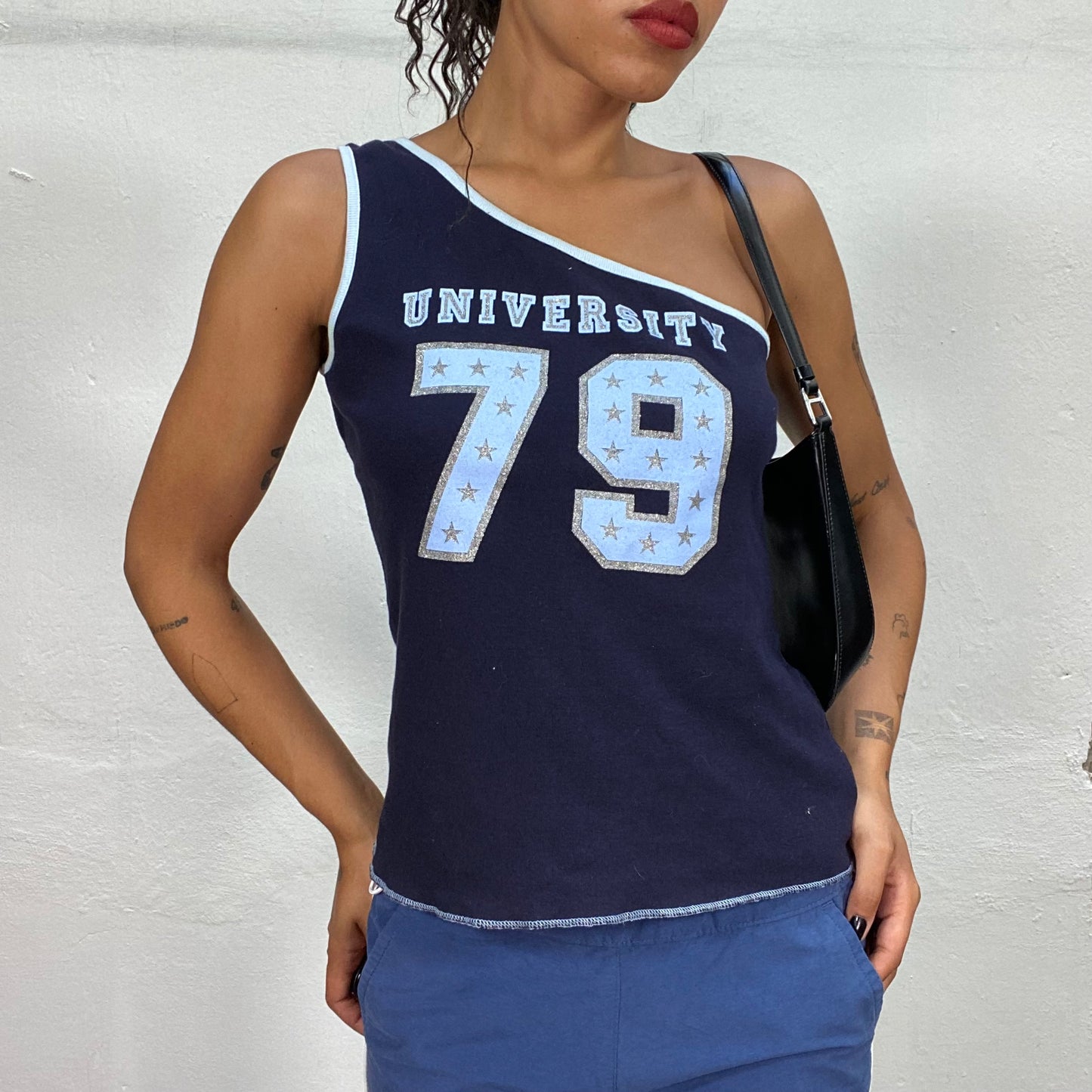 Vintage 90's Downtown Girl Blue One Shoulder Top with "University 79" Glitter Print (M)