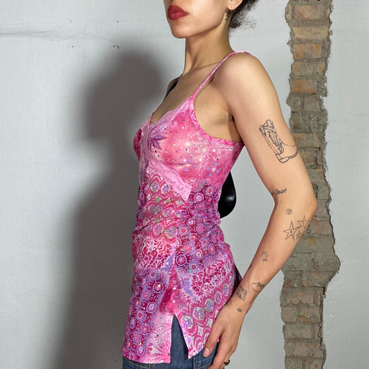 Vintage 2000's Indie Pink Floral Mesh Cami Top with Lace Trim (S)