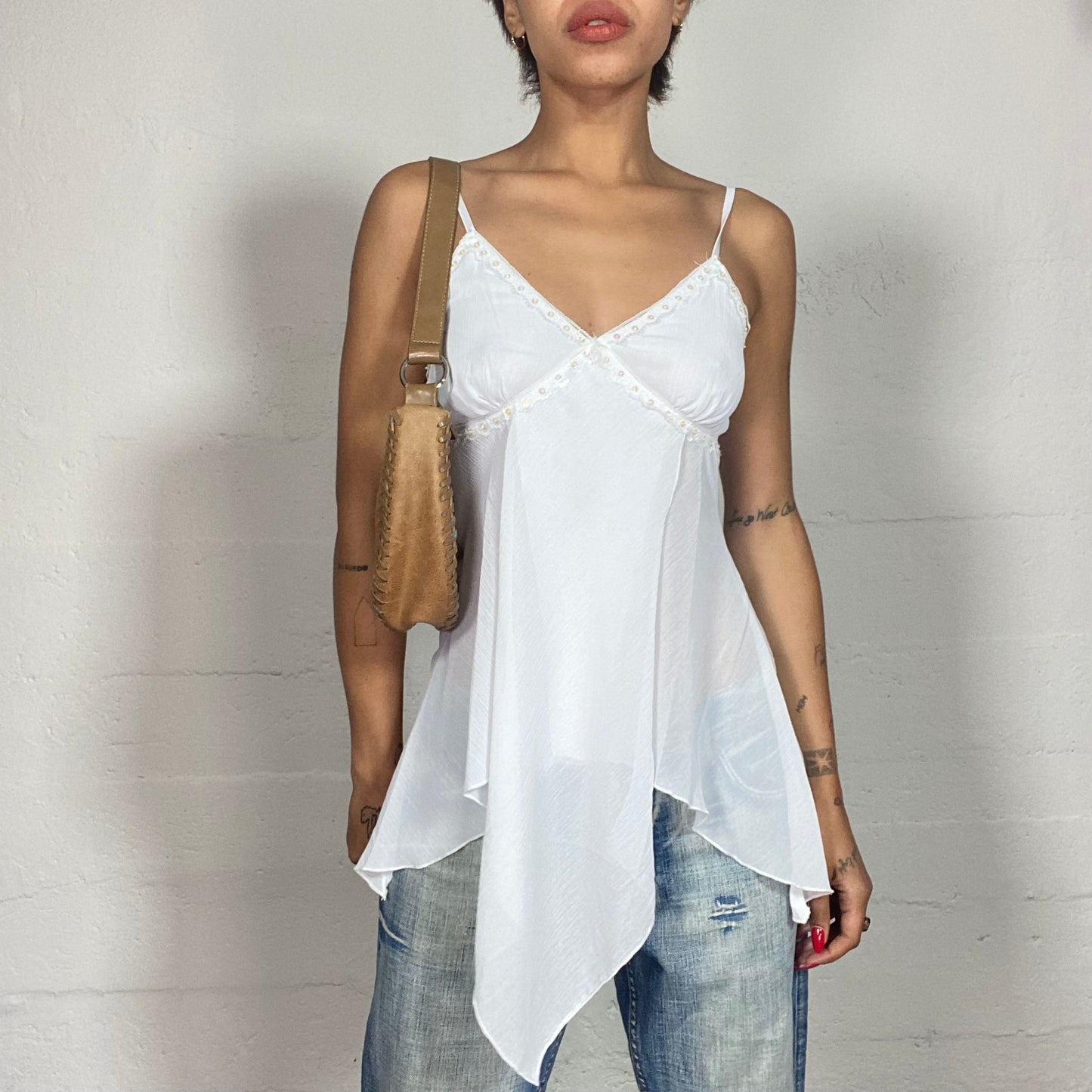 Vintage 2000's Soft Girl White Long Top with Asymmetric Cut and See Through Material (S)