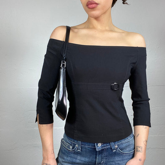 Vintage 2000's Downtown Girl Black Off Shoulder Top with Waist Belt Detail (S)