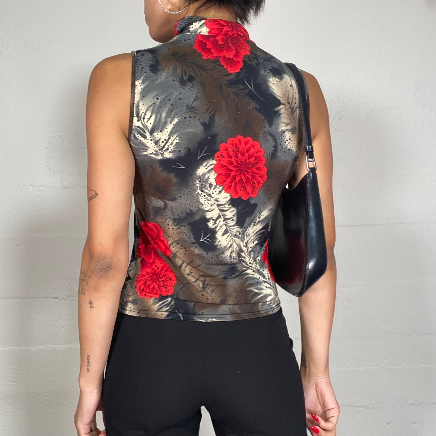 Vintage 90's Janice Black High Neck Top with Red Floral Maxi Print (S)