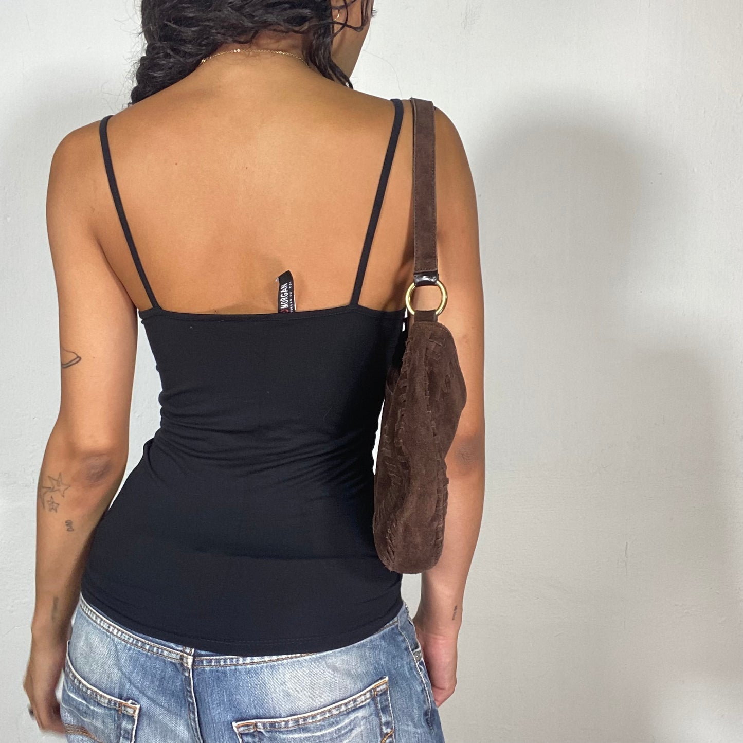 Vintage 2000's Morgan De Toi Downtown Girl Black Top with White Brand Print and Lace Detail (S)