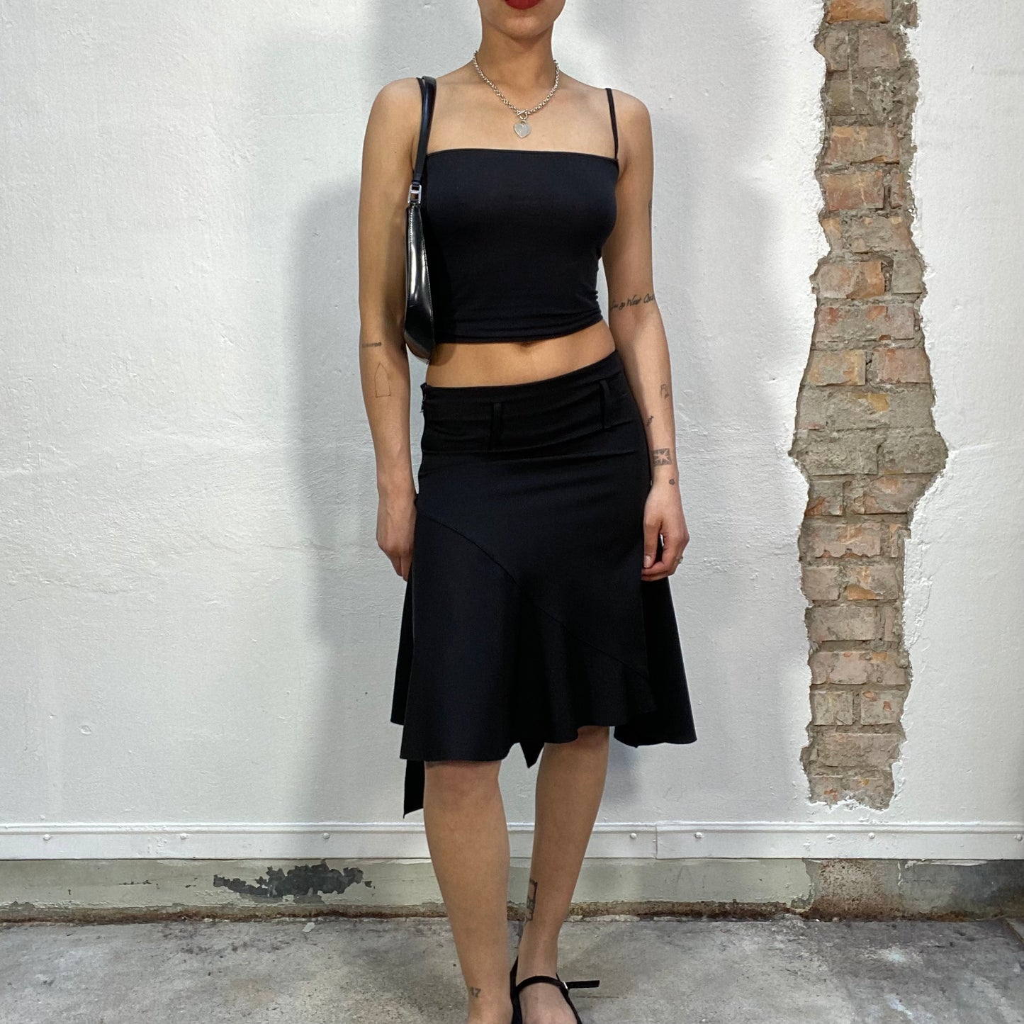 Vintage 2000's Sleaze Black Midi Skirt with Asymmetrical Hem (S)