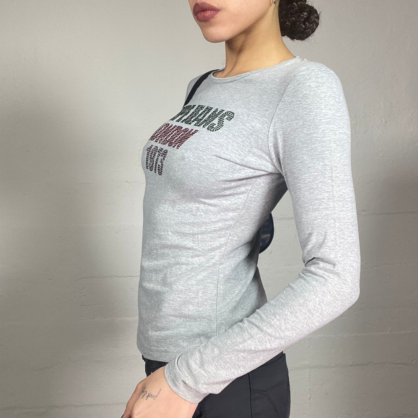 Vintage 90's Pepe Jeans College Girl Grey Longsleeve Top with "London 1973" Strass Covering Print (S)