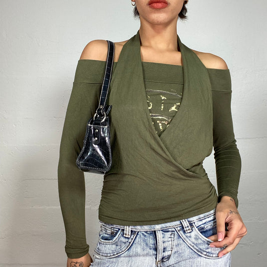 Vintage 2000's Grunge Khaki Off Shoulder Longsleeve Top with Layered Neckholder Top (S)