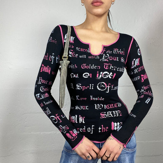 Vintage 2000's Downtown Girl Black Longsleeve Top with White and Pink Gothic Typography Print (S)