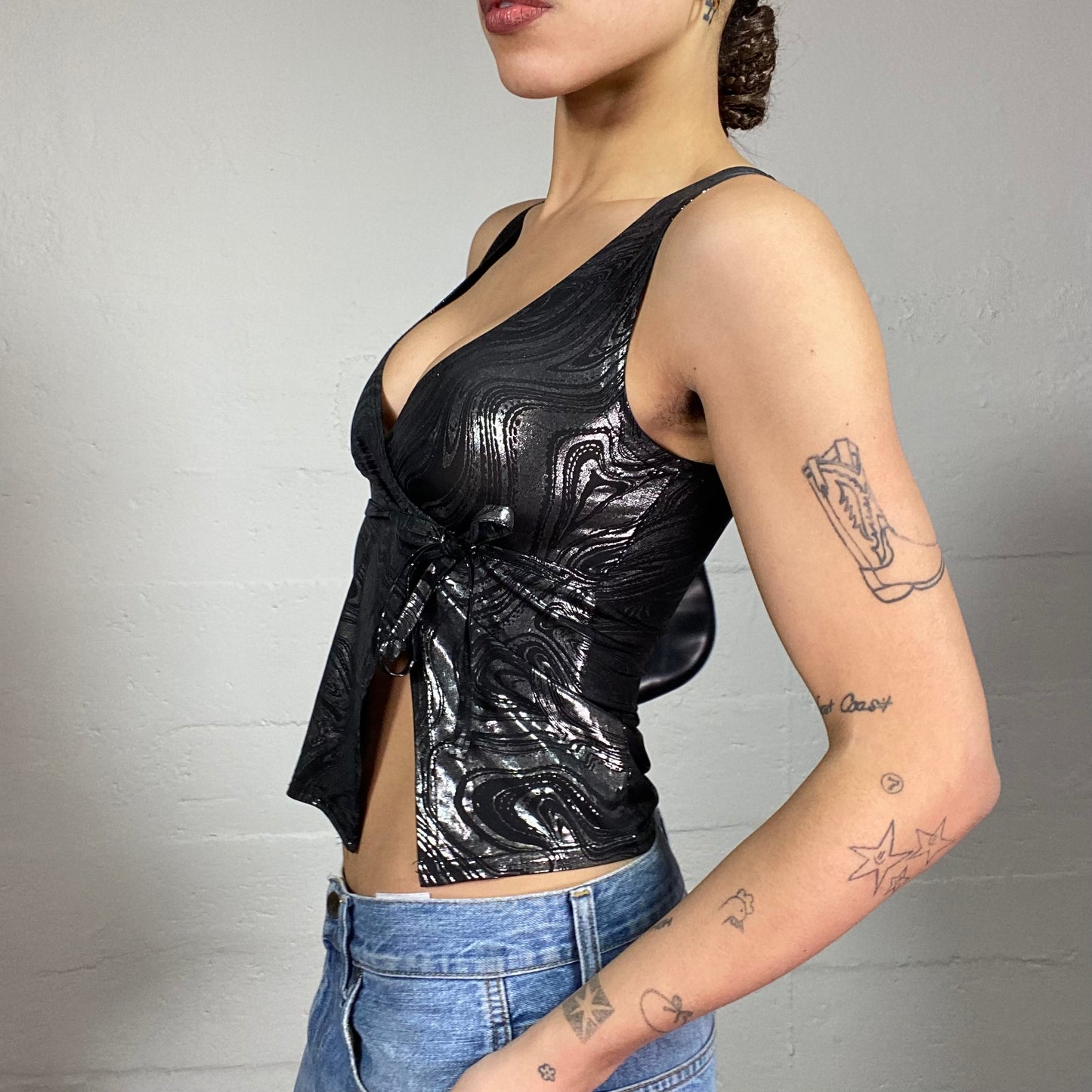 Vintage 2000's Clubwear Black Top with Silver Wavy Print and Slit Detail (S)