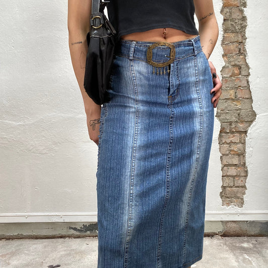 Vintage 2000's Western Denim Midi Skirt with Big Bras Buckle (S)