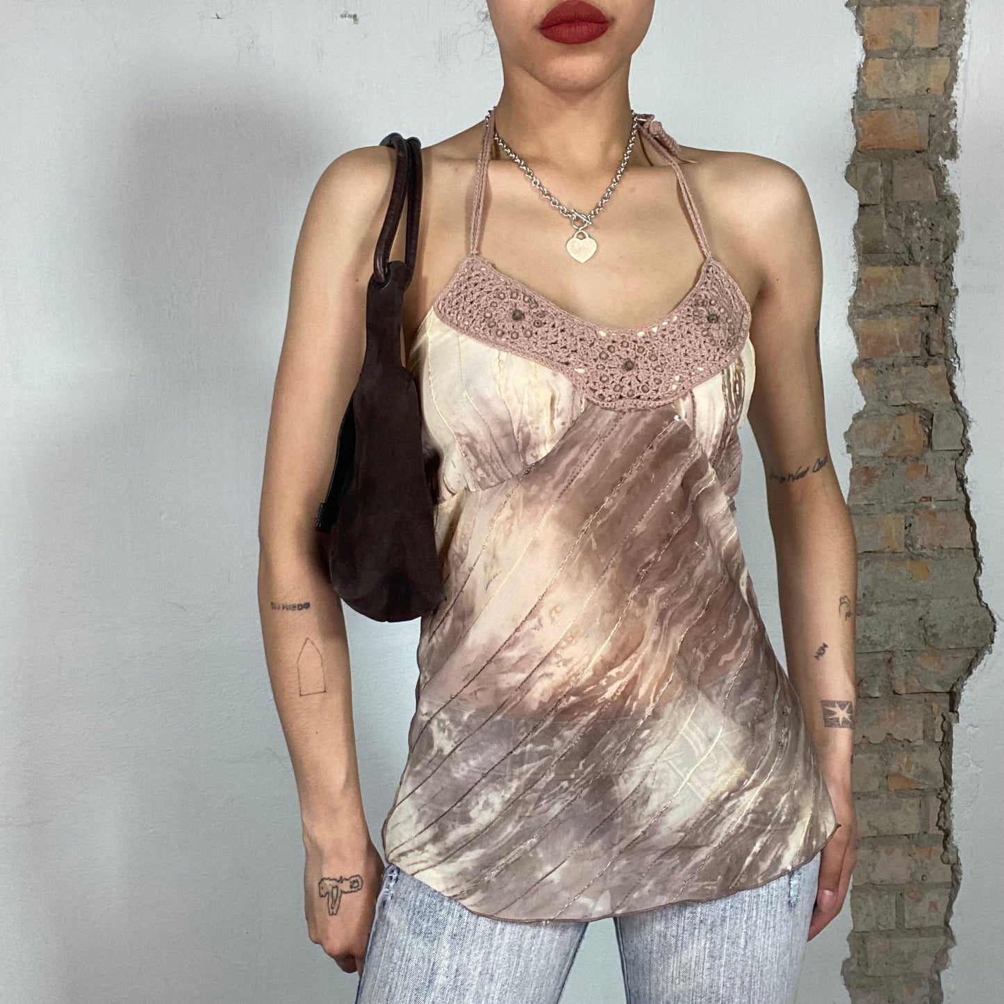 Vintage 2000's Indie Sleaze Beige Batik Top with Crochet Neckline Detail (S/M)