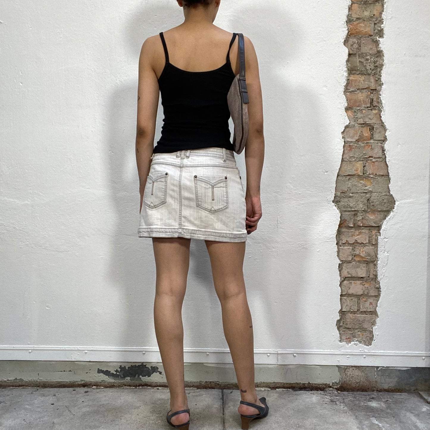 Vintage 2000's Sleaze Washed Out White Denim Mini Skirt (S)