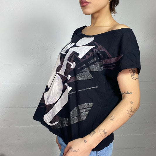 Vintage 2000's Diesel Sleaze Black Oversized Top with White Cubism Brand Name Print (M)