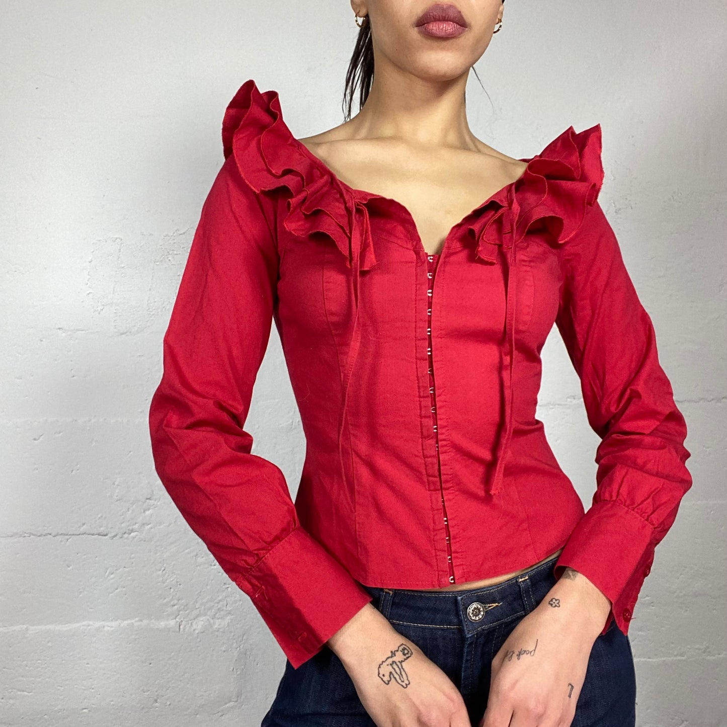 Vintage 90's Romantic Girl Red Longsleeve Corset Top with Frilled Maxi Collar Detail (S)