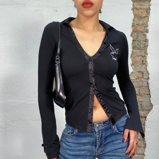 Vintage 2000's Playboy Black Button Up with Satin Collar (S)