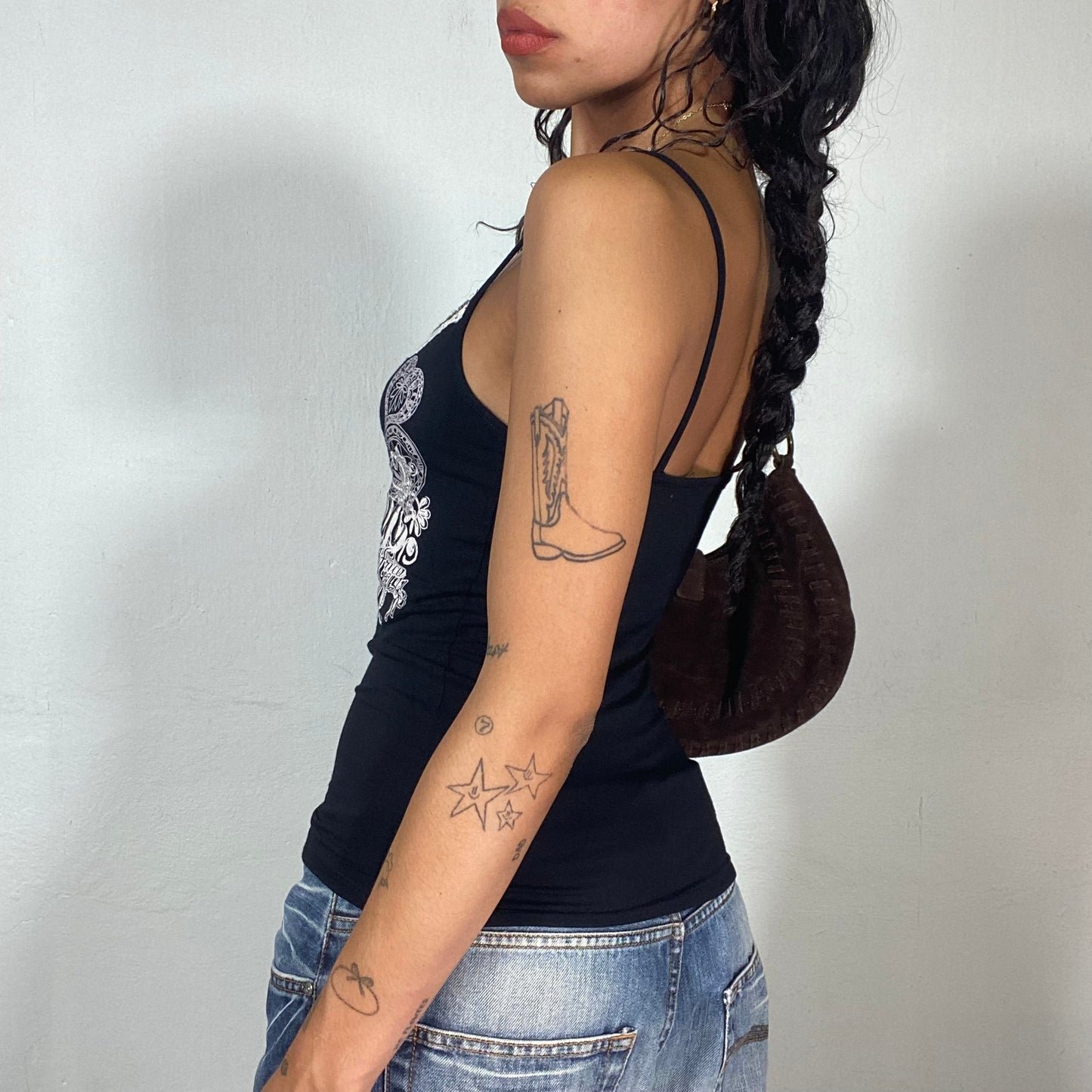 Vintage 2000's Morgan De Toi Downtown Girl Black Top with White Brand Print and Lace Detail (S)