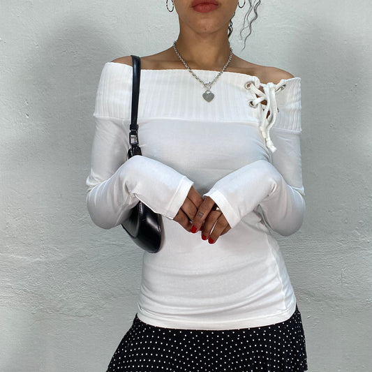 Vintage 2000's Model Off Duty White Off Shoulder Top with Knit Trim (S)