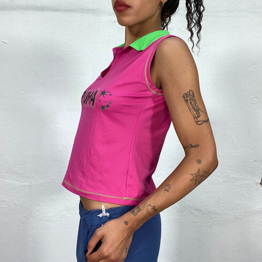 Vintage 2000's Puma Sporty Fluorescent Pink Polo Top with Green Collar Detail (S/M)