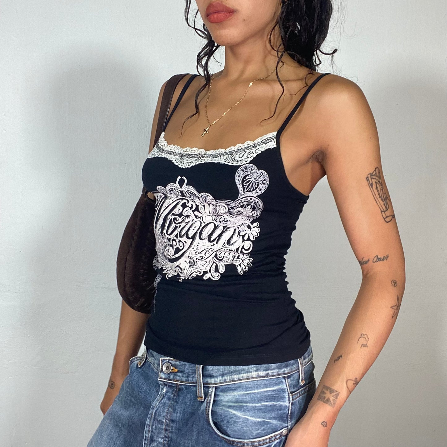 Vintage 2000's Morgan De Toi Downtown Girl Black Top with White Brand Print and Lace Detail (S)