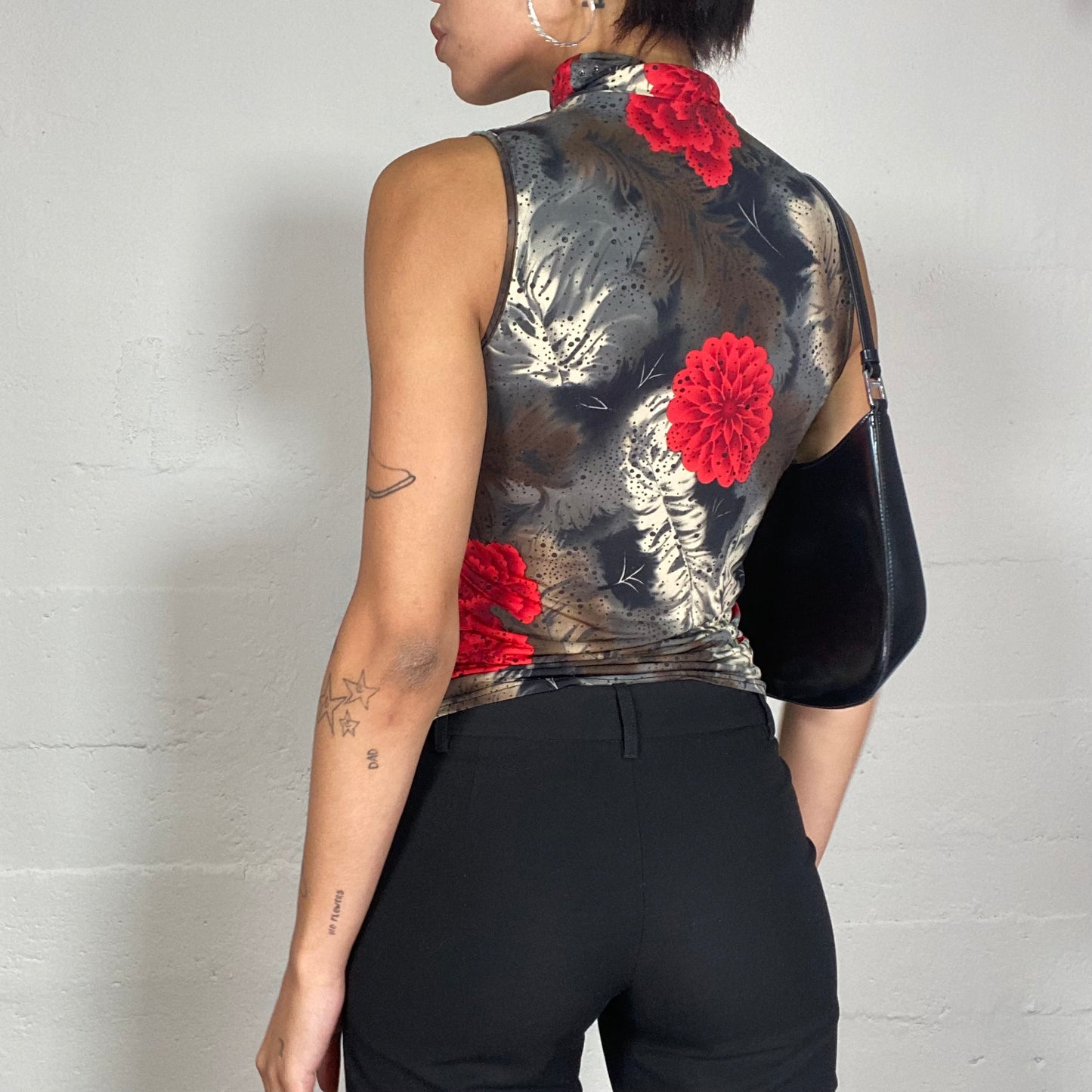 Vintage 90's Janice Black High Neck Top with Red Floral Maxi Print (S)