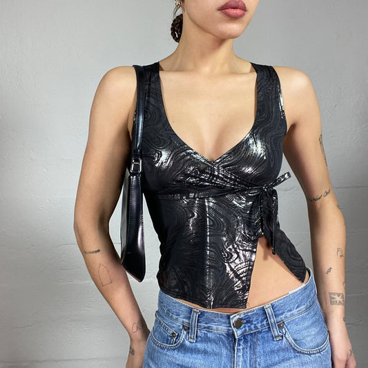 Vintage 2000's Clubwear Black Top with Silver Wavy Print and Slit Detail (S)