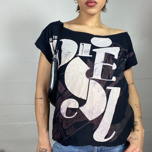 Vintage 2000's Diesel Sleaze Black Oversized Top with White Cubism Brand Name Print (M)