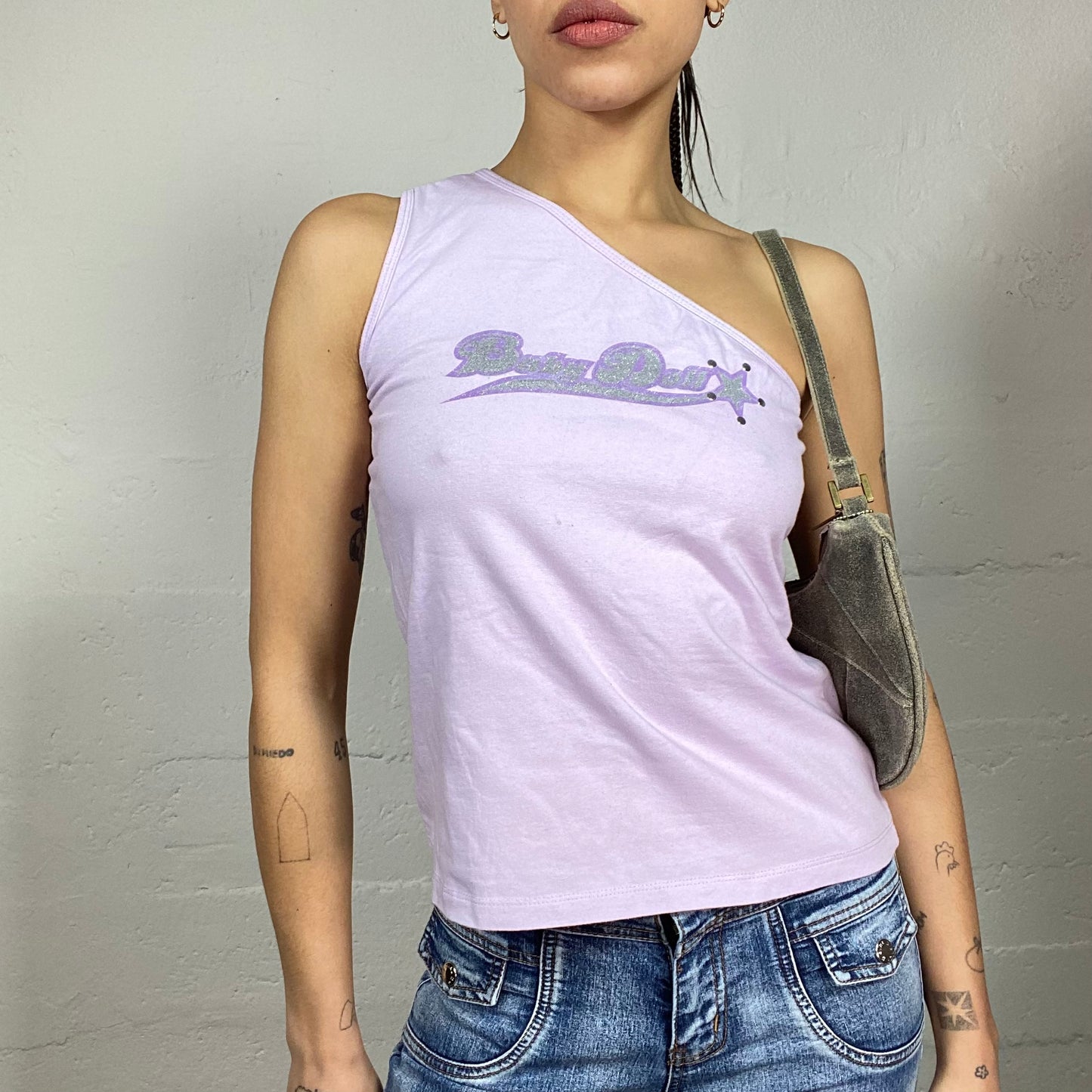 Vintage 2000's Clubwear Lilac One Shoulder Top with Glitter "Baby Doll" Print (M)