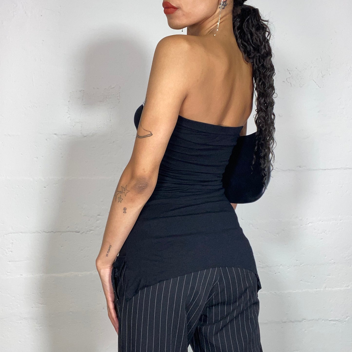 Vintage 2000's Clubwear Black Asymmetrical Strapless Top with Rhinestone Trim Detail (S)