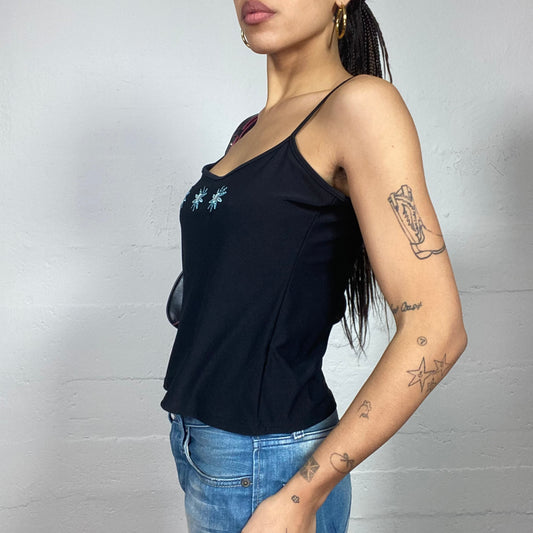 Vintage 2000's Cute Black Top with Blue Mirroed Floral Embroidery (S)
