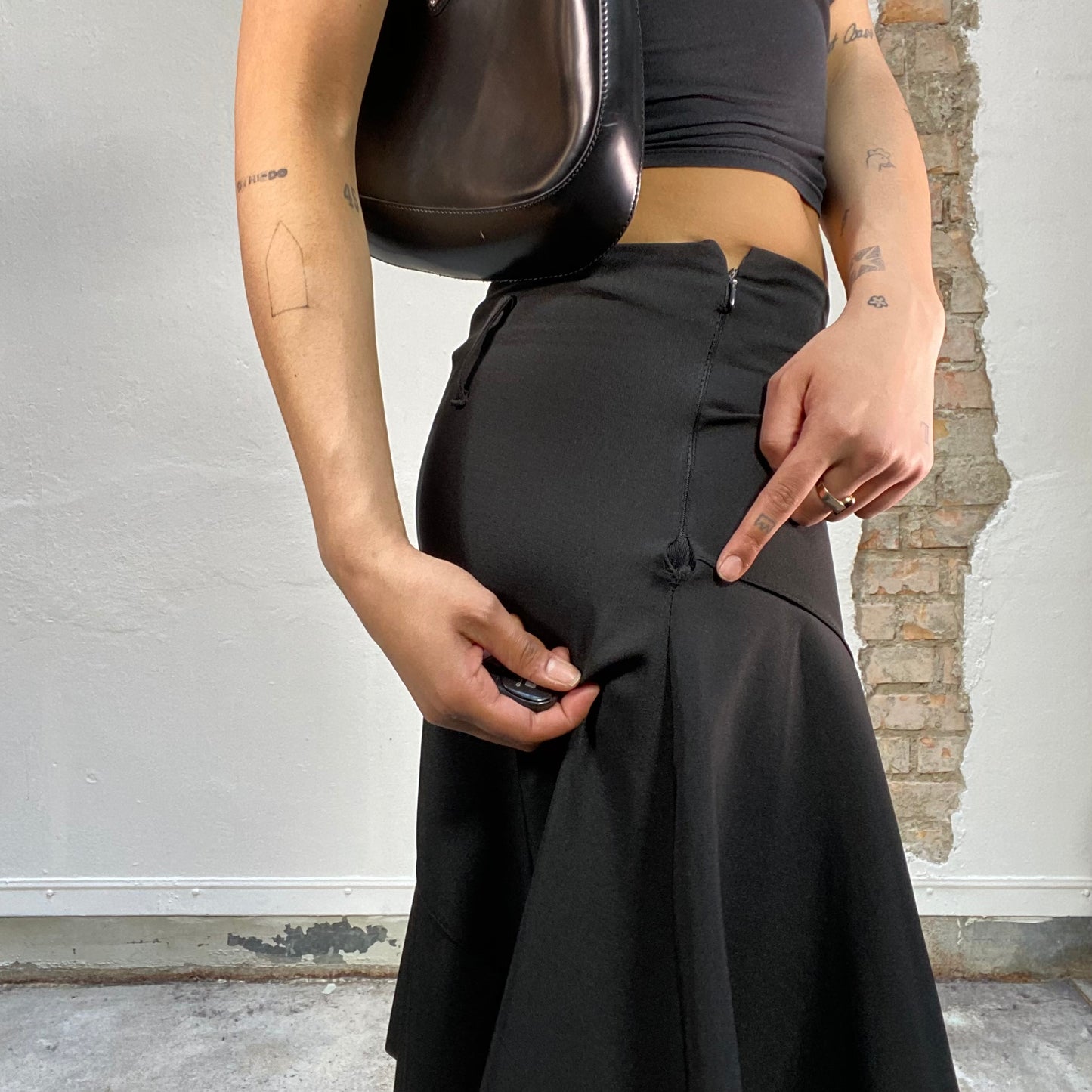 Vintage 2000's Sleaze Black Midi Skirt with Asymmetrical Hem (S)