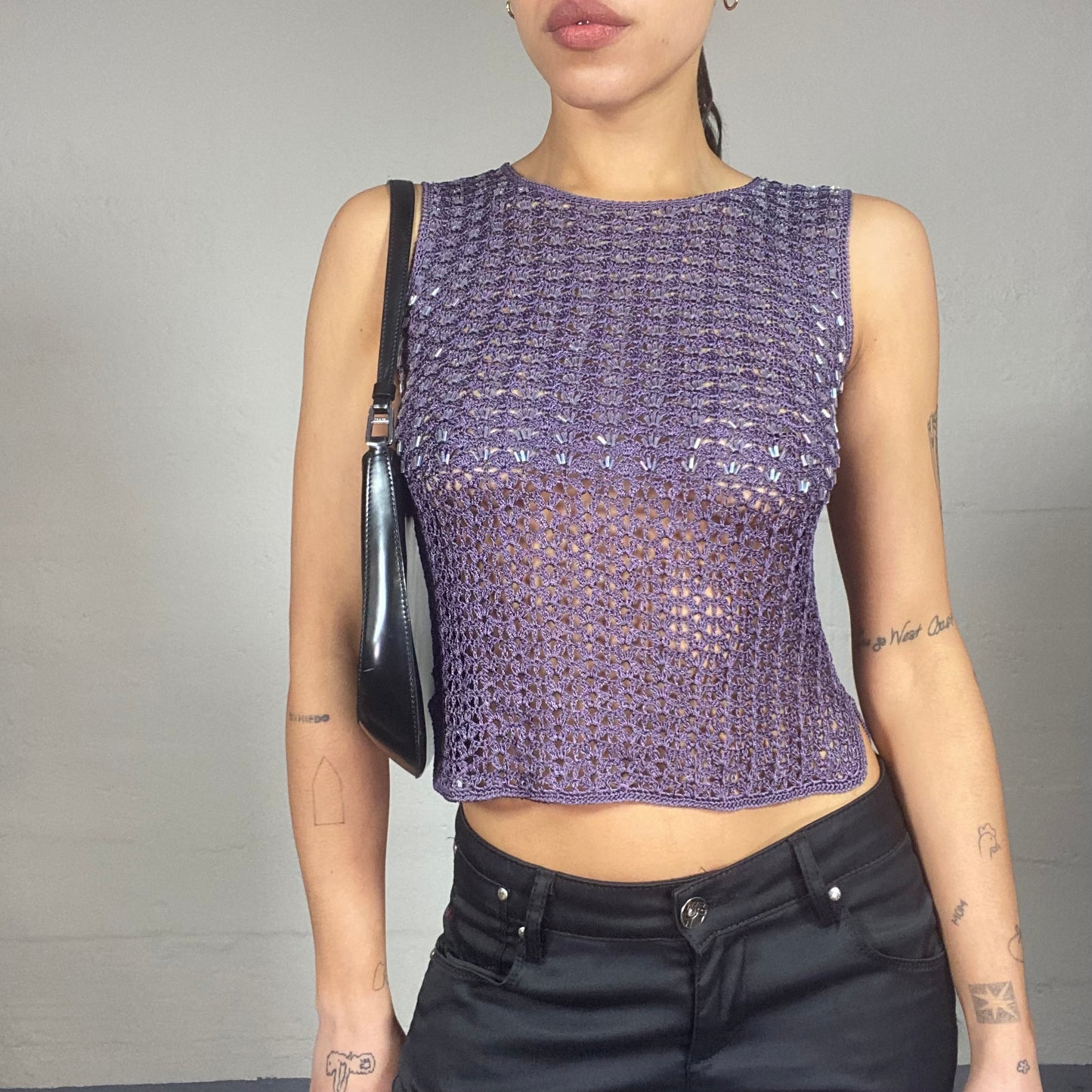 Vintage 90's Funky Purple Crop Top with Crochet Material Covering (S)