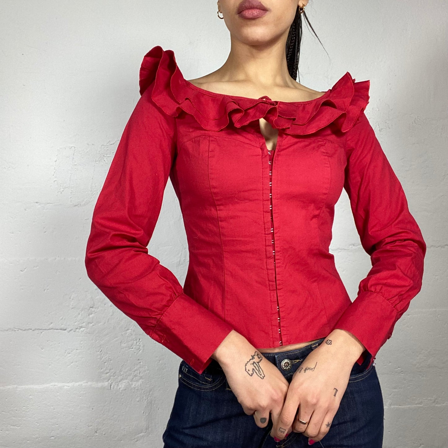 Vintage 90's Romantic Girl Red Longsleeve Corset Top with Frilled Maxi Collar Detail (S)