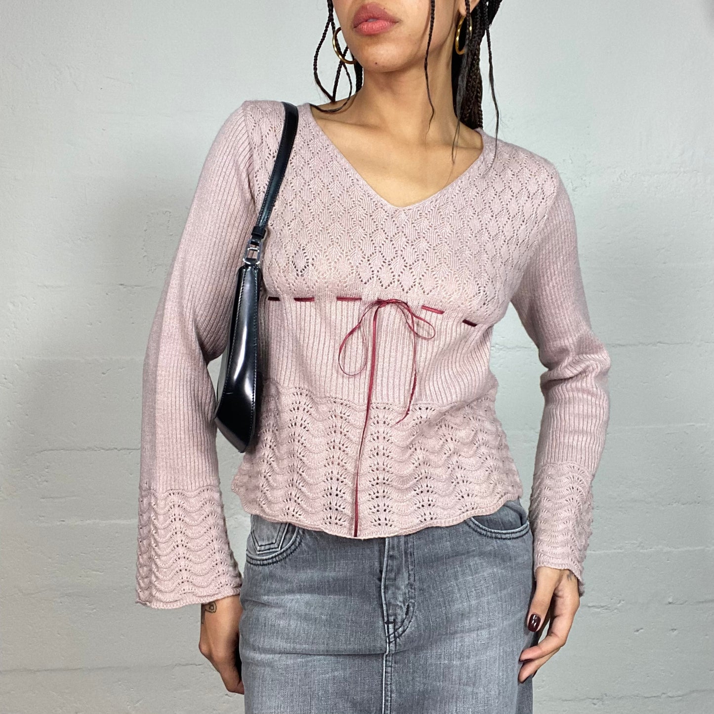 Vintage 2000's Ballet Pastel Pink Knitted Top with Lacing Detail (S/M)