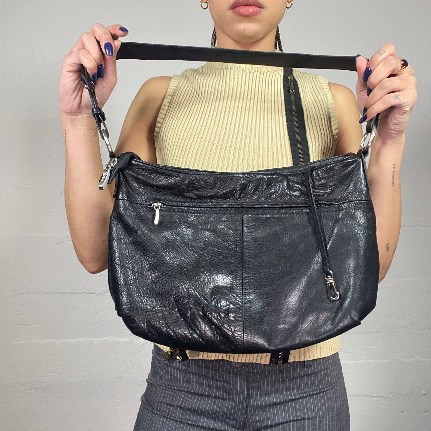 Vintage 2000's Model Off Duty Black Leather Shoulder Bag with Frontal Belt Detail