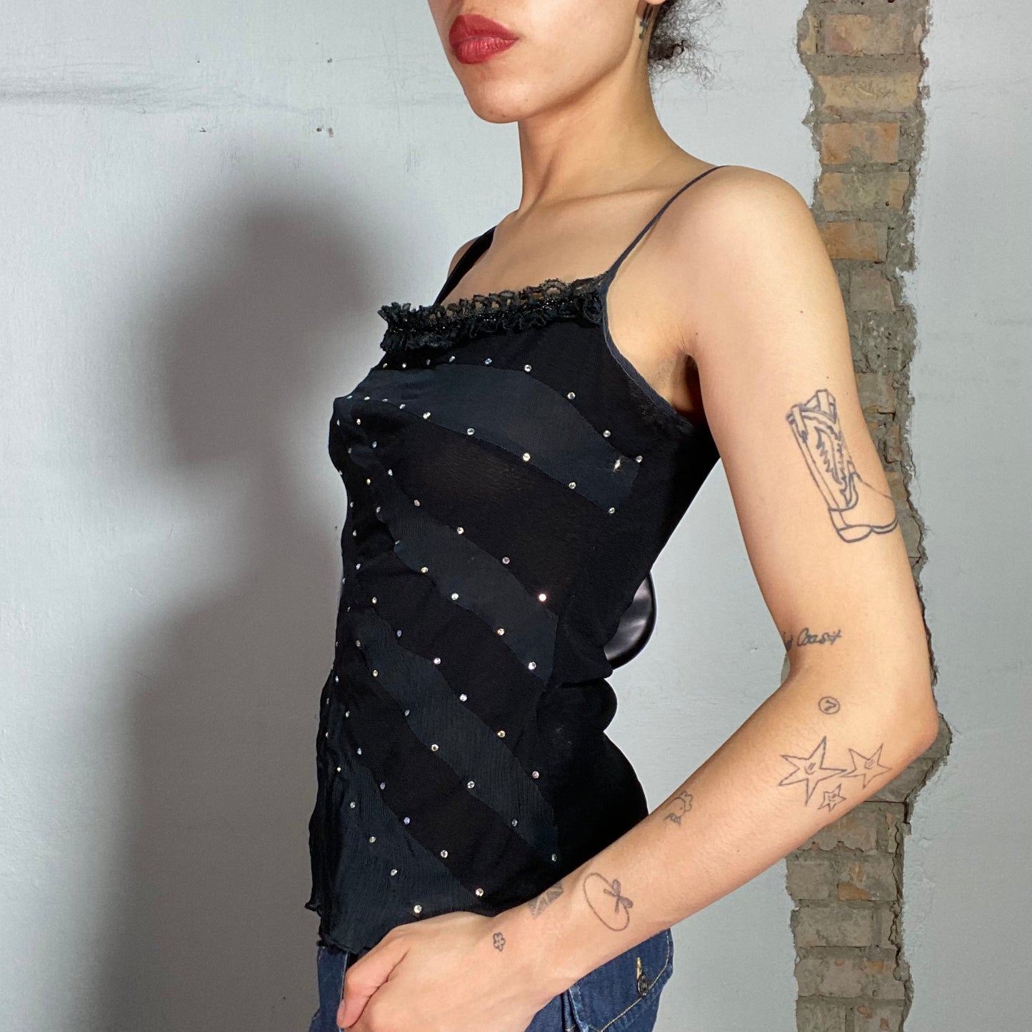 Vintage 2000's Indie Black Chiffon Top with Lace Trim (S)