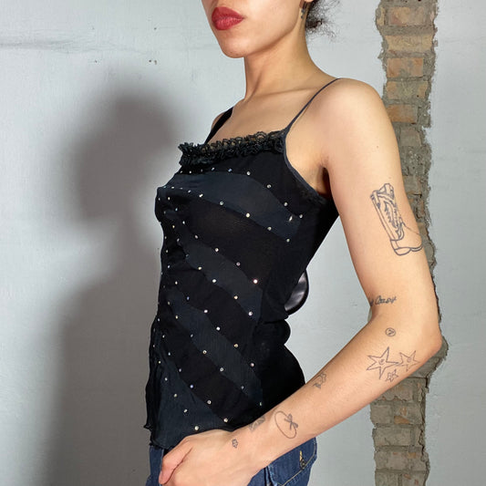 Vintage 2000's Indie Black Chiffon Top with Lace Trim (S)