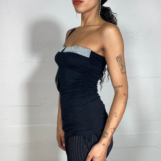 Vintage 2000's Clubwear Black Asymmetrical Strapless Top with Rhinestone Trim Detail (S)