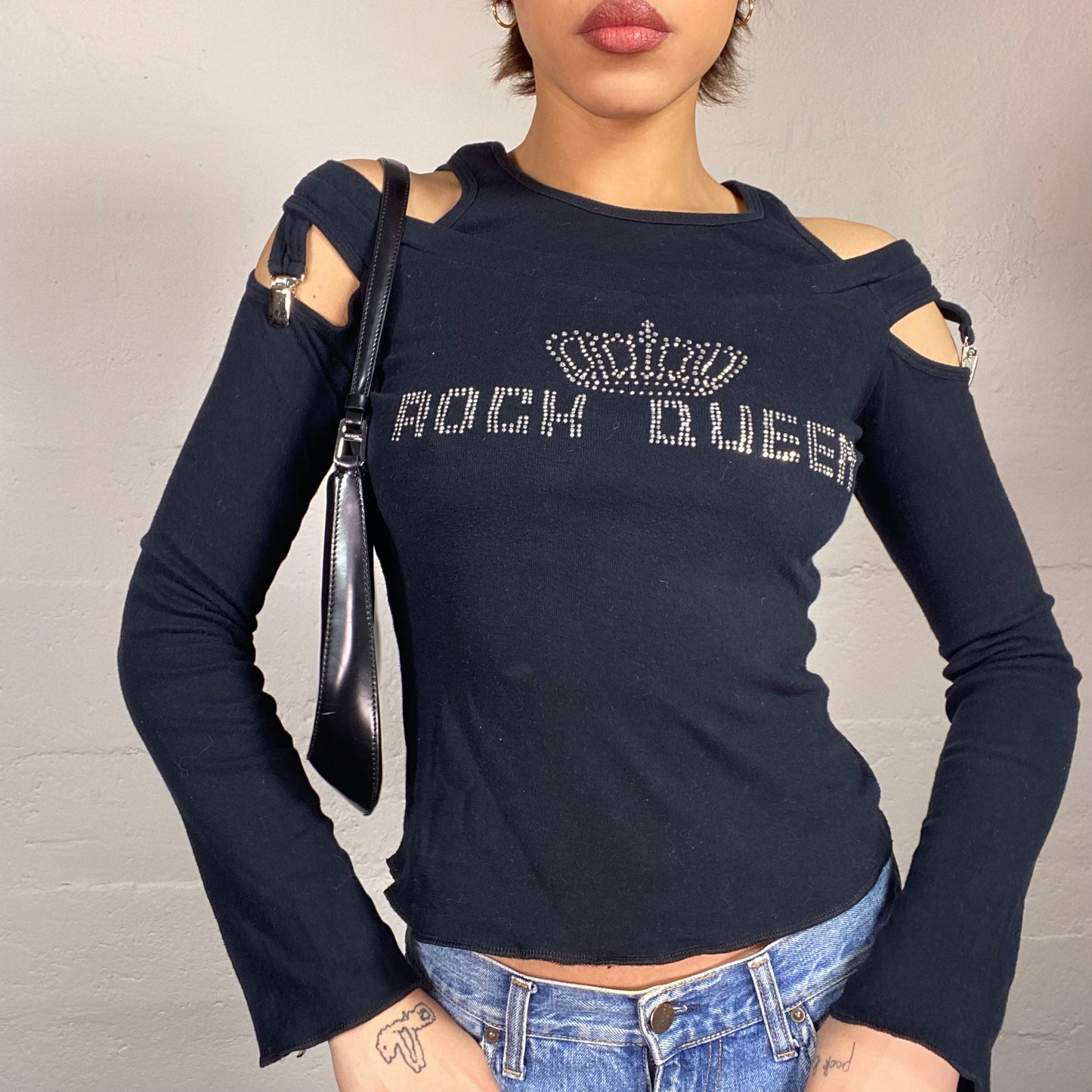 Vintage 2000's Clubwear Black Longsleeve Top with "Rock Queen" Strass Print (S)