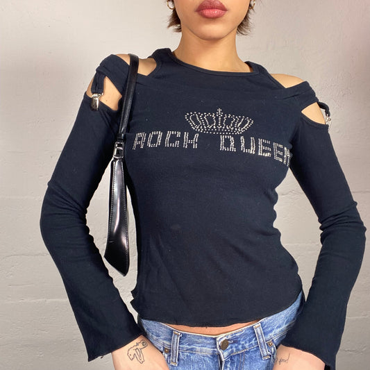 Vintage 2000's Clubwear Black Longsleeve Top with "Rock Queen" Strass Print (S)