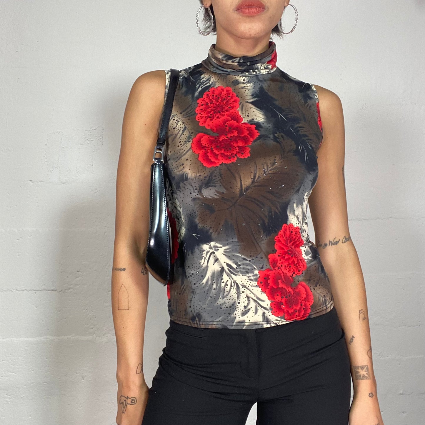 Vintage 90's Janice Black High Neck Top with Red Floral Maxi Print (S)