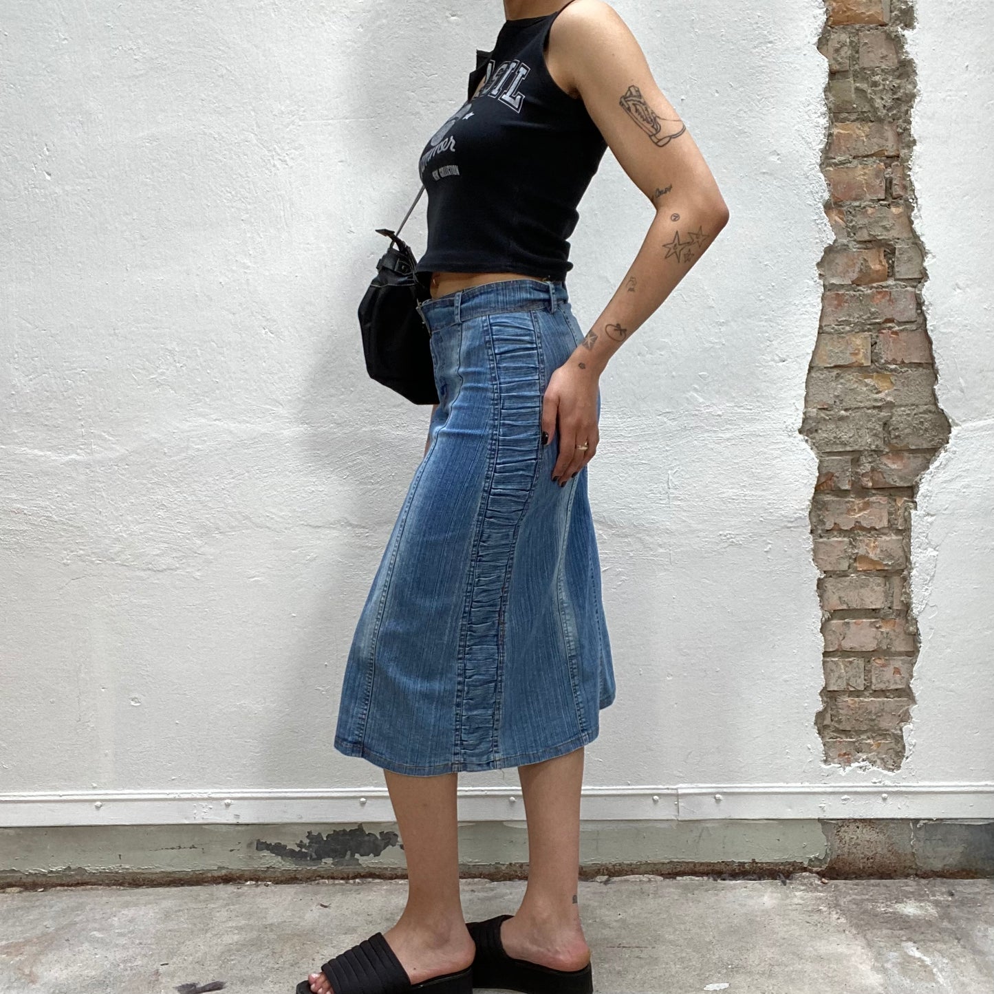 Vintage 2000's Western Denim Midi Skirt with Big Bras Buckle (S)