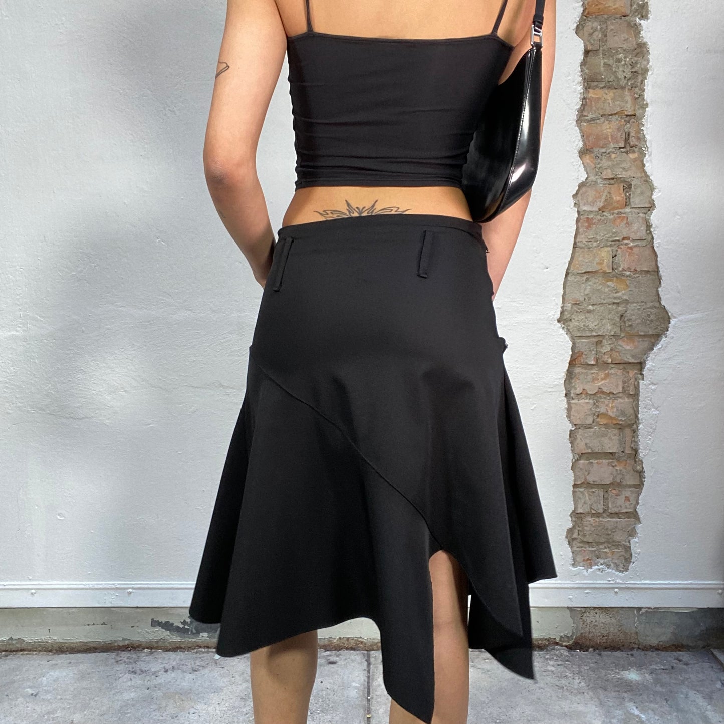 Vintage 2000's Sleaze Black Midi Skirt with Asymmetrical Hem (S)