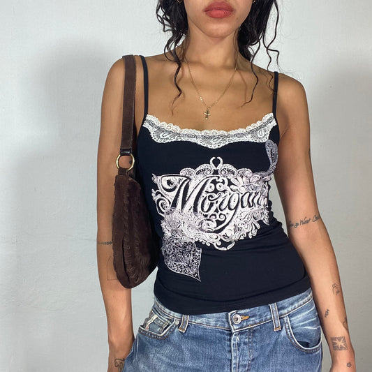 Vintage 2000's Morgan De Toi Downtown Girl Black Top with White Brand Print and Lace Detail (S)