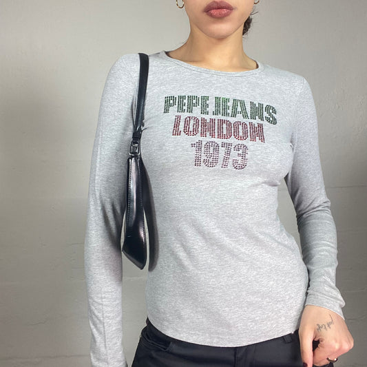 Vintage 90's Pepe Jeans College Girl Grey Longsleeve Top with "London 1973" Strass Covering Print (S)