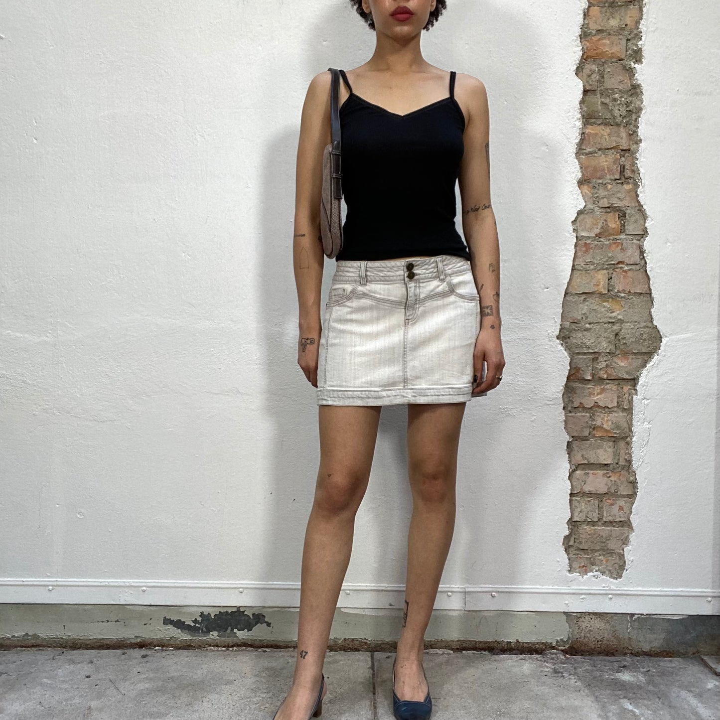 Vintage 2000's Sleaze Washed Out White Denim Mini Skirt (S)