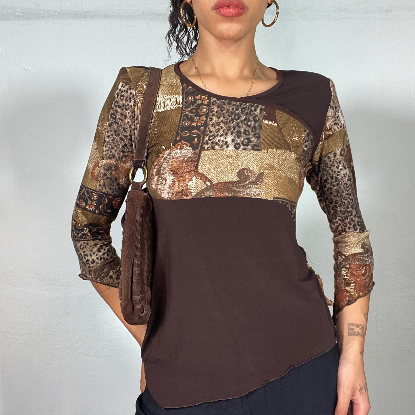 Vintage 90's Brown Patchwork Longsleeve with Unique Sideseam Slit Detail (S)