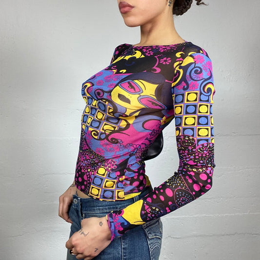 Vintage 2000's Funky Girl Black Mesh Lonngsleeve Top with Wavy Print (S)