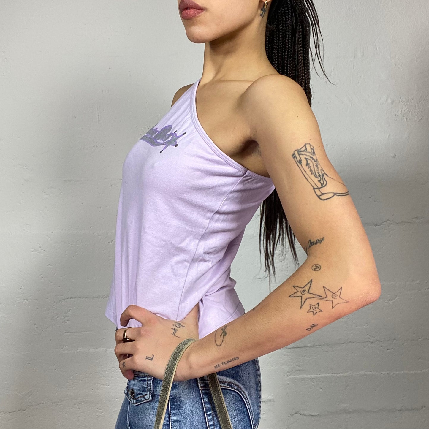 Vintage 2000's Clubwear Lilac One Shoulder Top with Glitter "Baby Doll" Print (M)