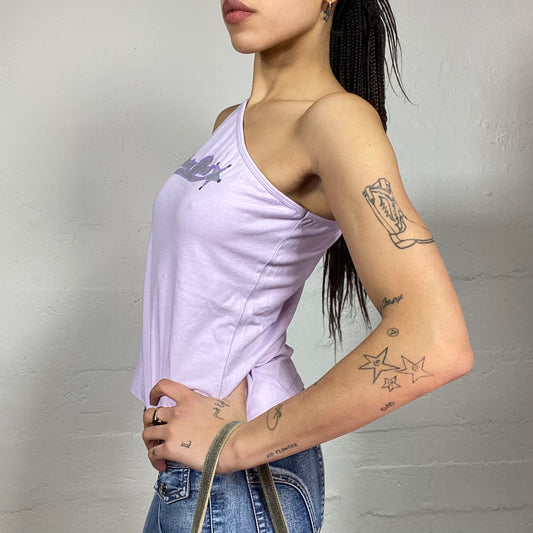 Vintage 2000's Clubwear Lilac One Shoulder Top with Glitter "Baby Doll" Print (M)