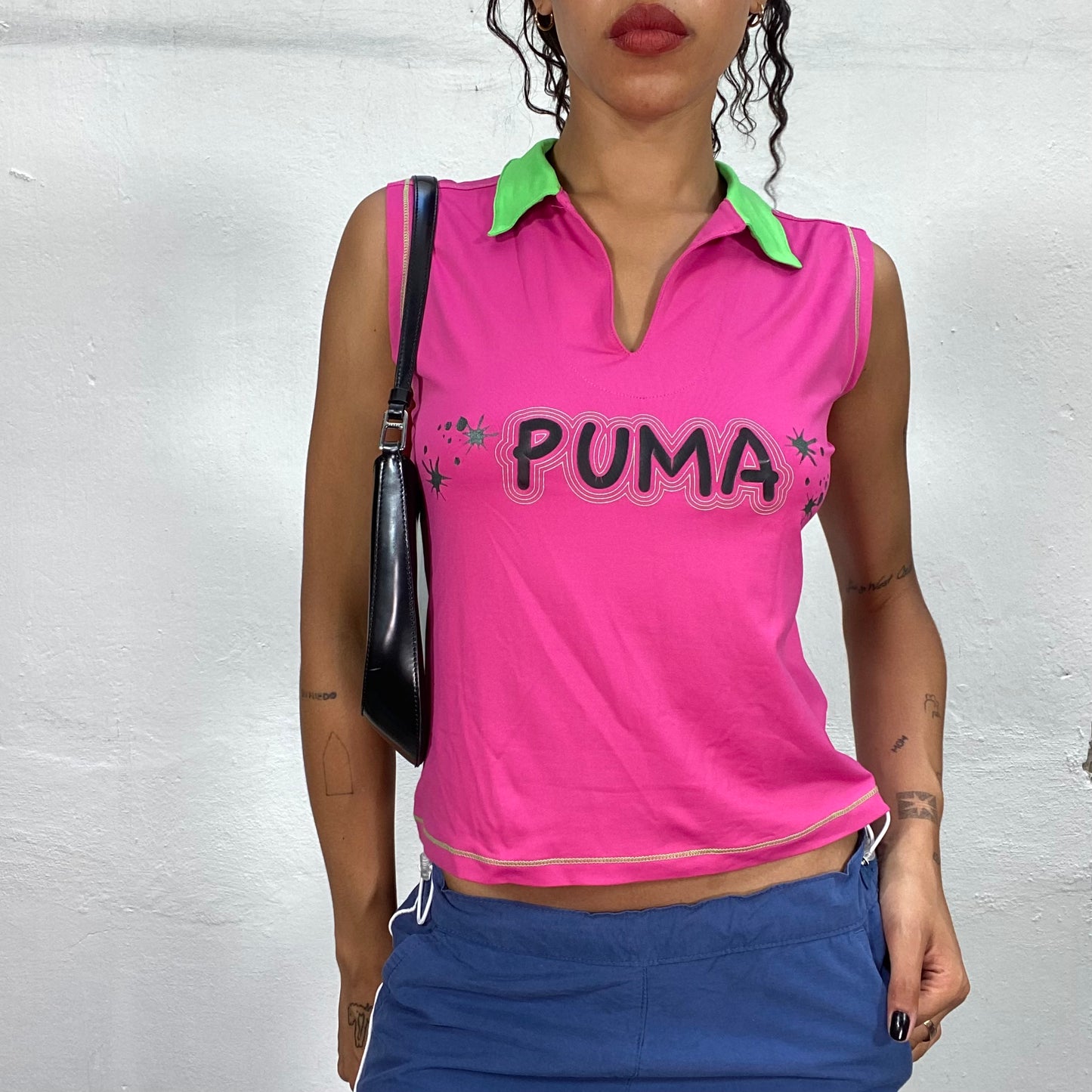 Vintage 2000's Puma Sporty Fluorescent Pink Polo Top with Green Collar Detail (S/M)