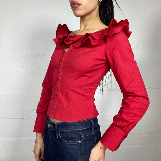 Vintage 90's Romantic Girl Red Longsleeve Corset Top with Frilled Maxi Collar Detail (S)