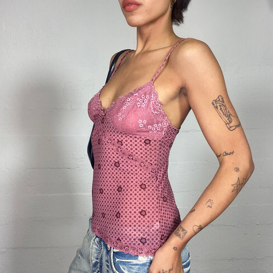 Vintage 2000's Soft Girl Pastel Pink Cami Top with Floral Print and Laced Chest Detail (S)